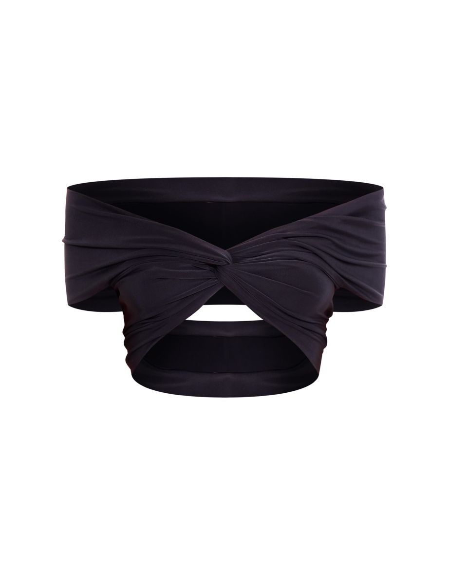 Black Double Layer Slinky Twist Crop Top - 4