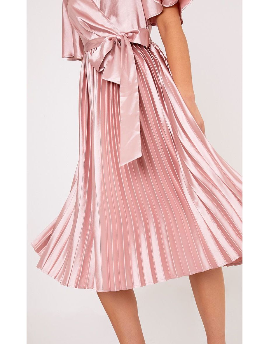 Mairee Dusty Pink Satin Pleated Midi Dress - 4