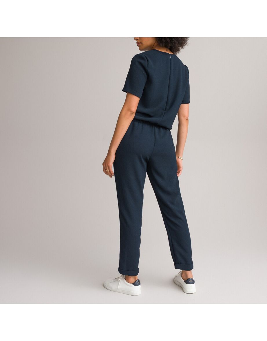 Textured Short Sleeve Jumpsuit, Length 26.5" - 3