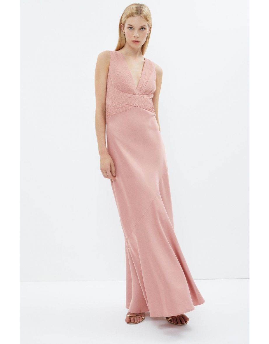 Crinkle Chiffon V Neck Satin Maxi Dress