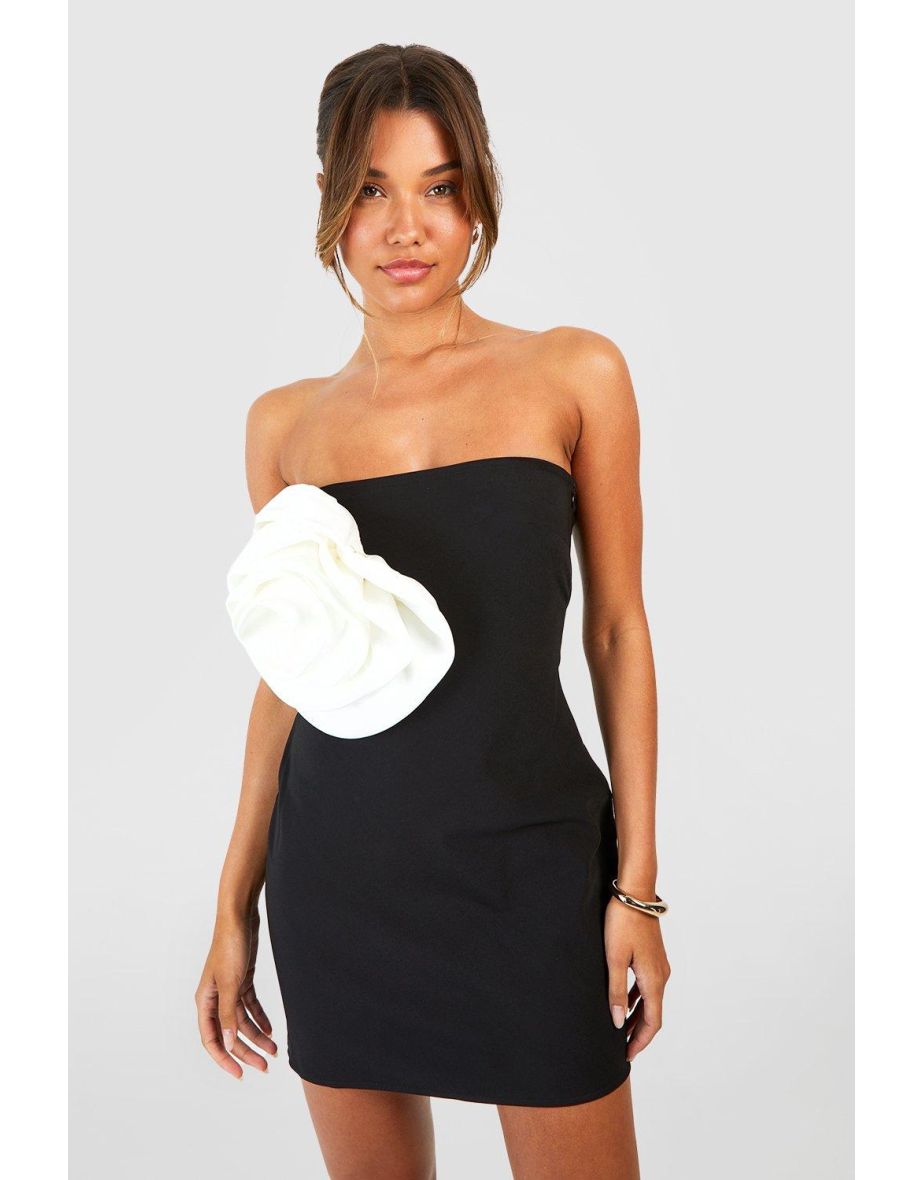 Rose Detail Bandeau Mini Dress - black - 3