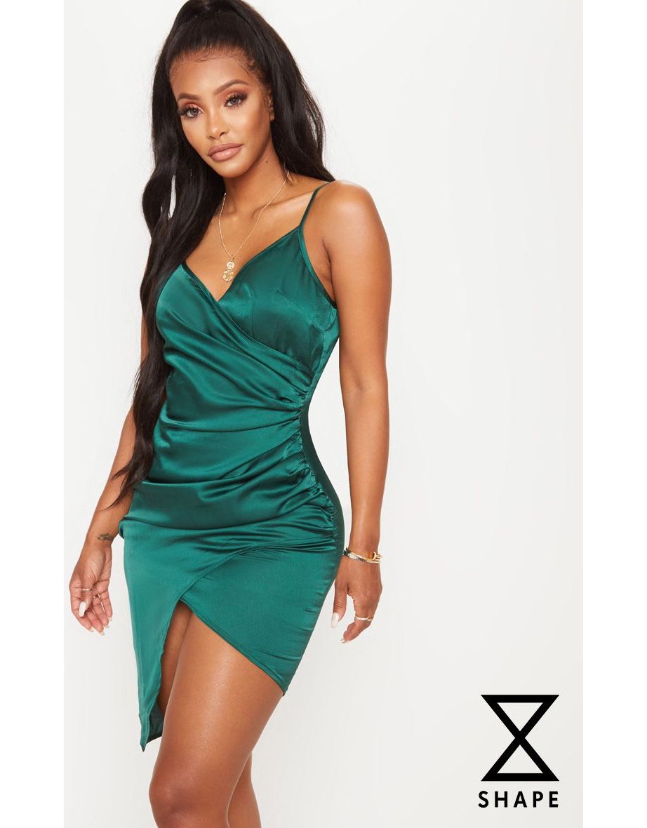 Shape Emerald Green Satin Wrap Dress