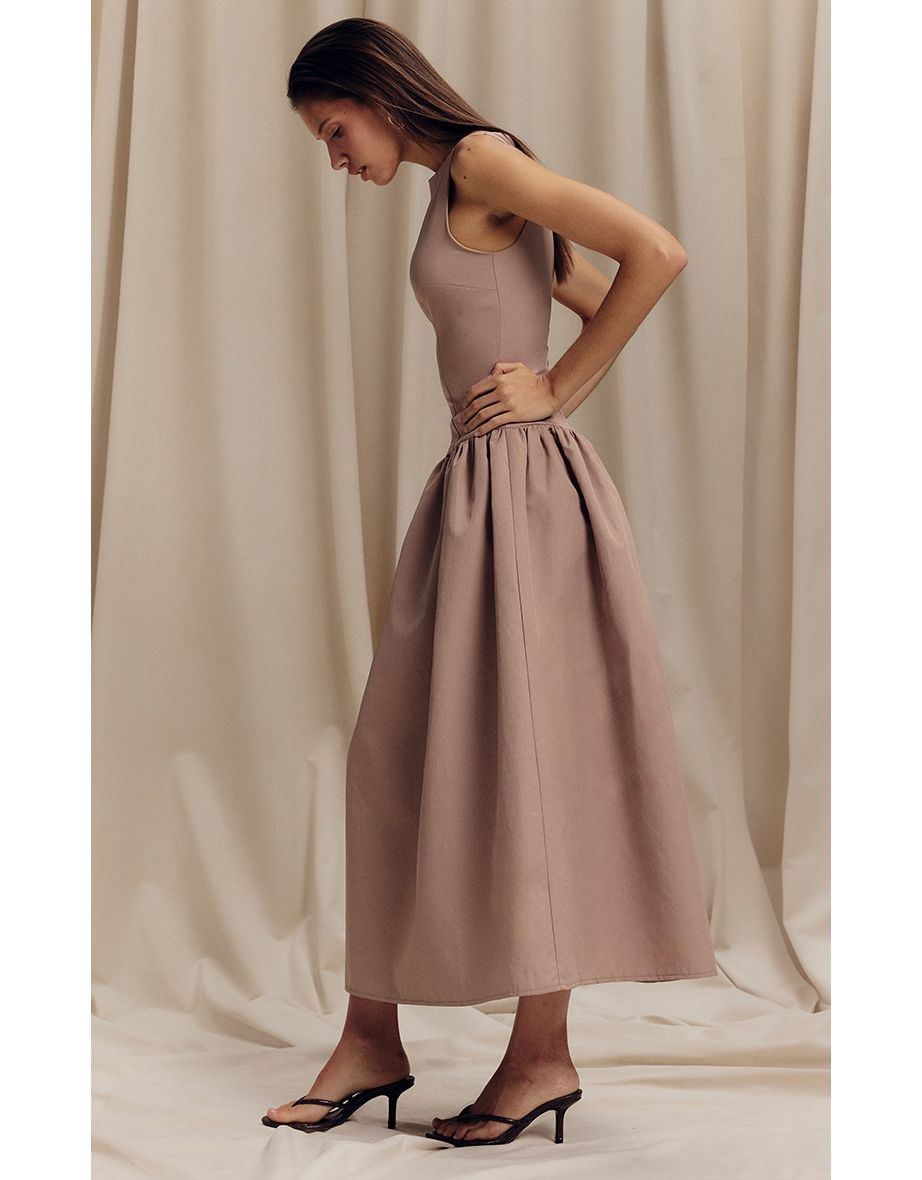 Taupe Dropped Waist Midaxi Dress