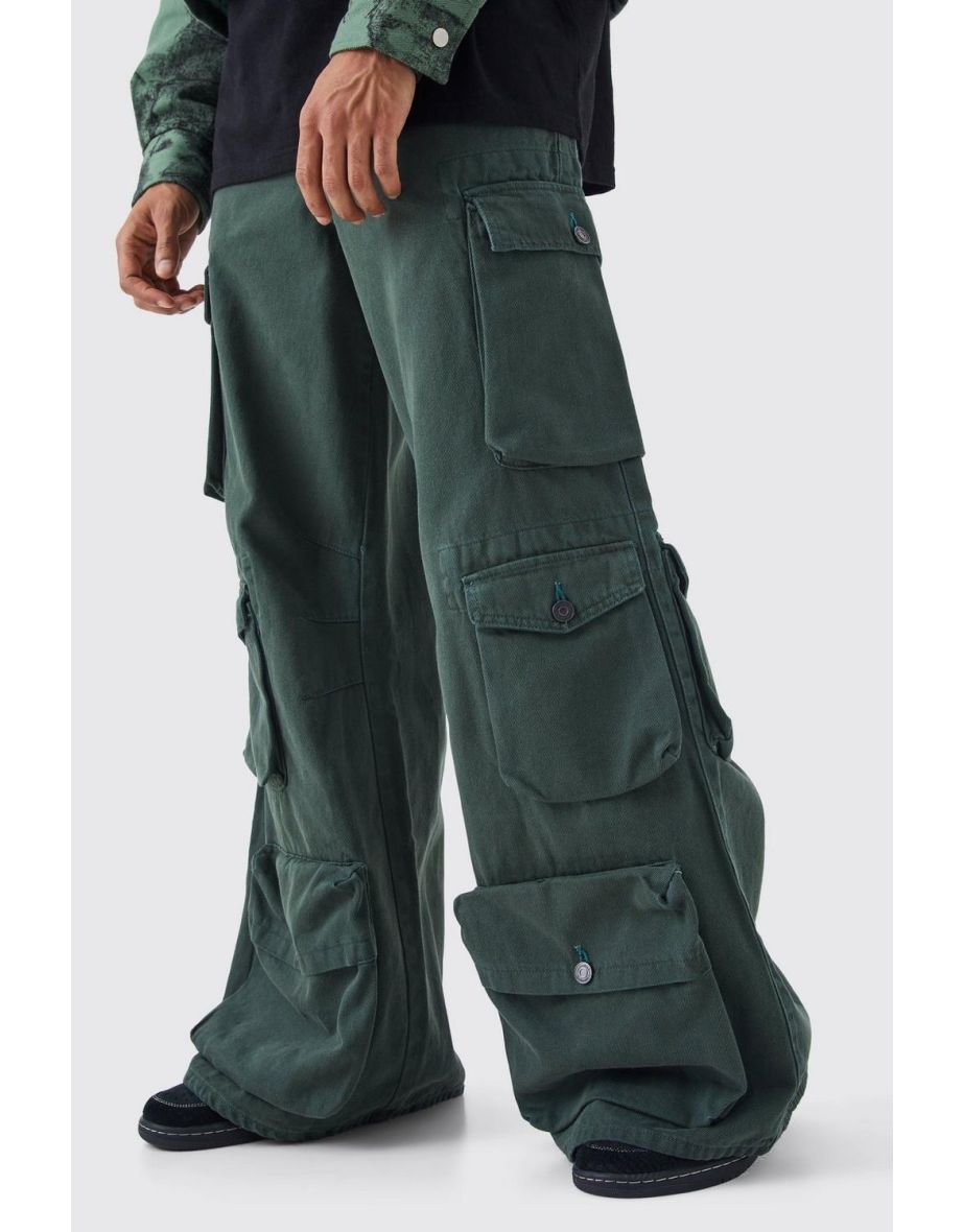 Extreme Baggy Rigid Multi Cargo Pocket Acid Wash Jean - khaki