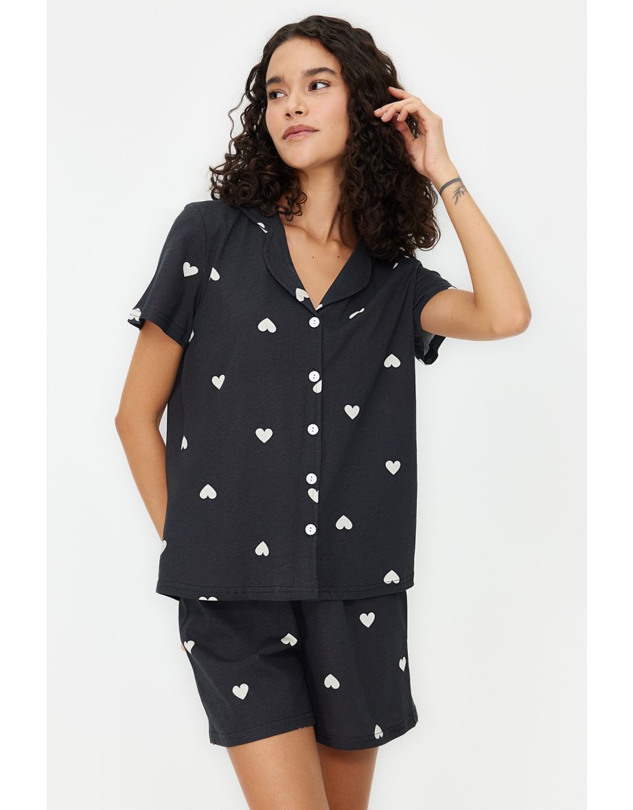 Black 100% Cotton Heart Patterned Shirt-Shorts Knitted Pajama Set