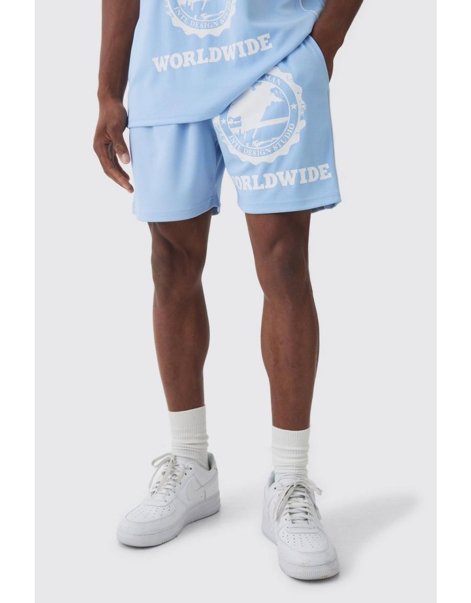 Relaxed Fit Worldwide Print Mesh Short - pastel blue