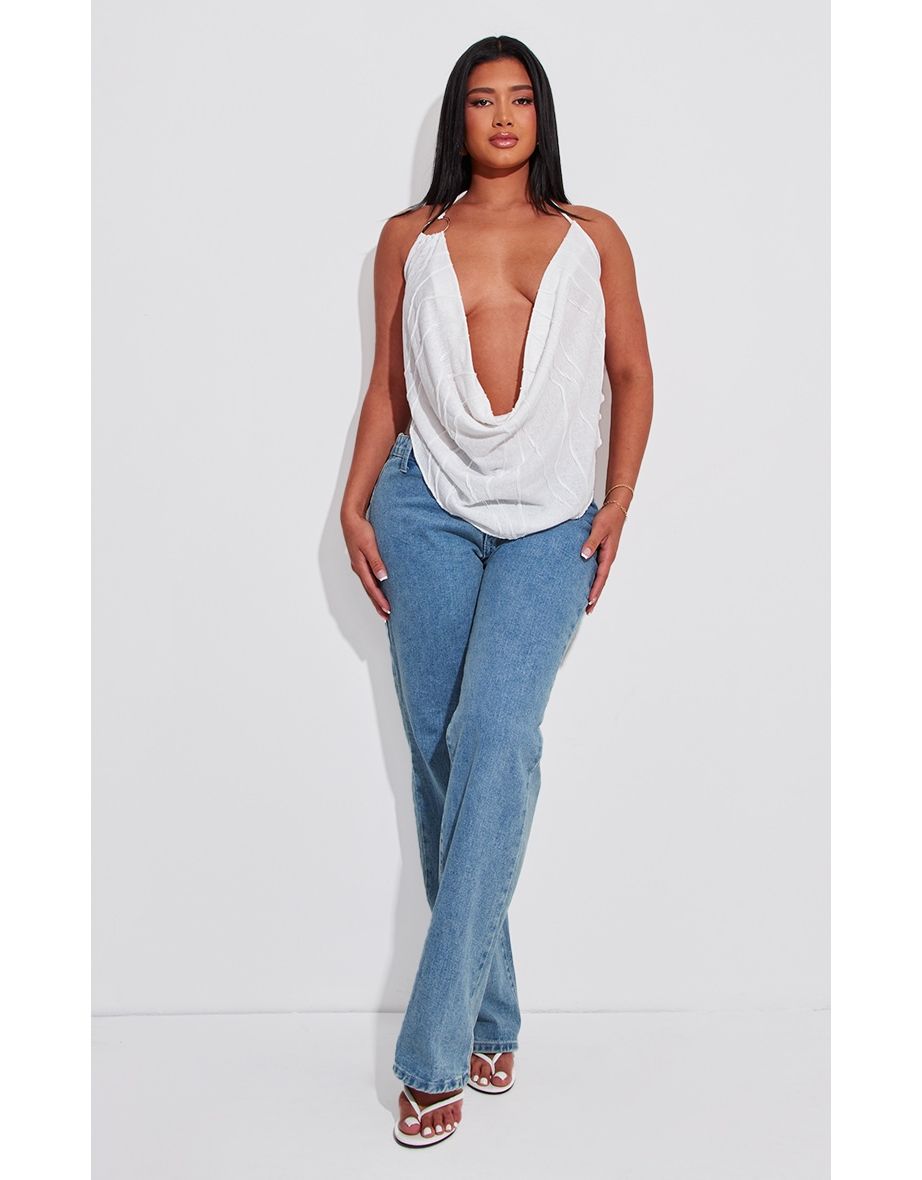 Shape White Textured Ring Detail Cowl Top