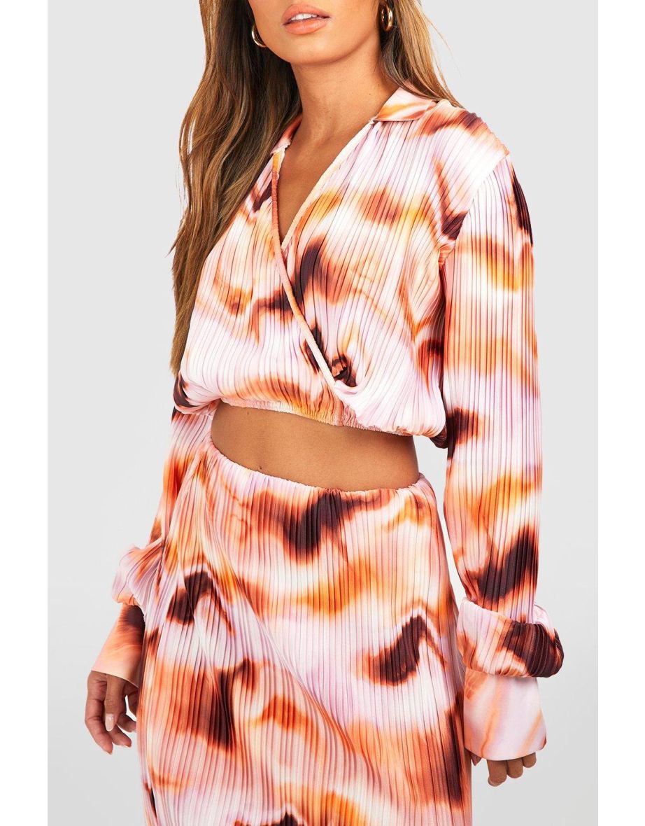 Plisse Print Abstract Wrap Top - blush - 3