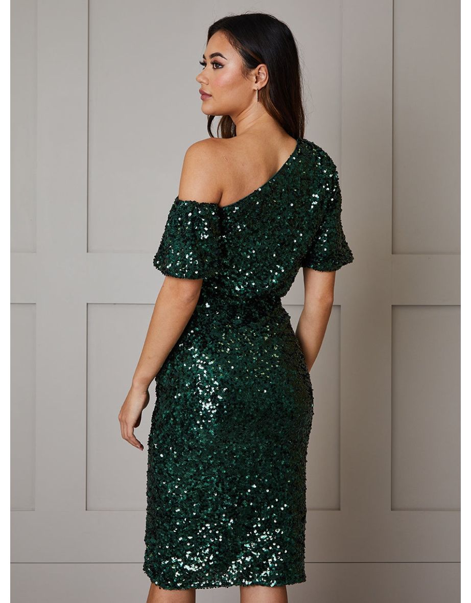 One Shoulder Ruched Sequin Midi Dress in Green - 3