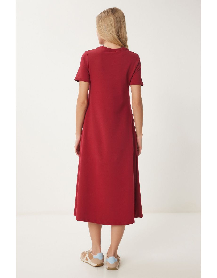 Women's Burgundy A-Line Summer Combed Cotton Dress - 5
