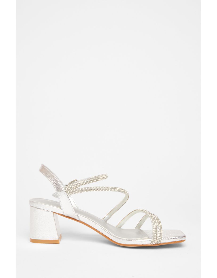 Wide Fit Silver Diamante Block Heels - 4