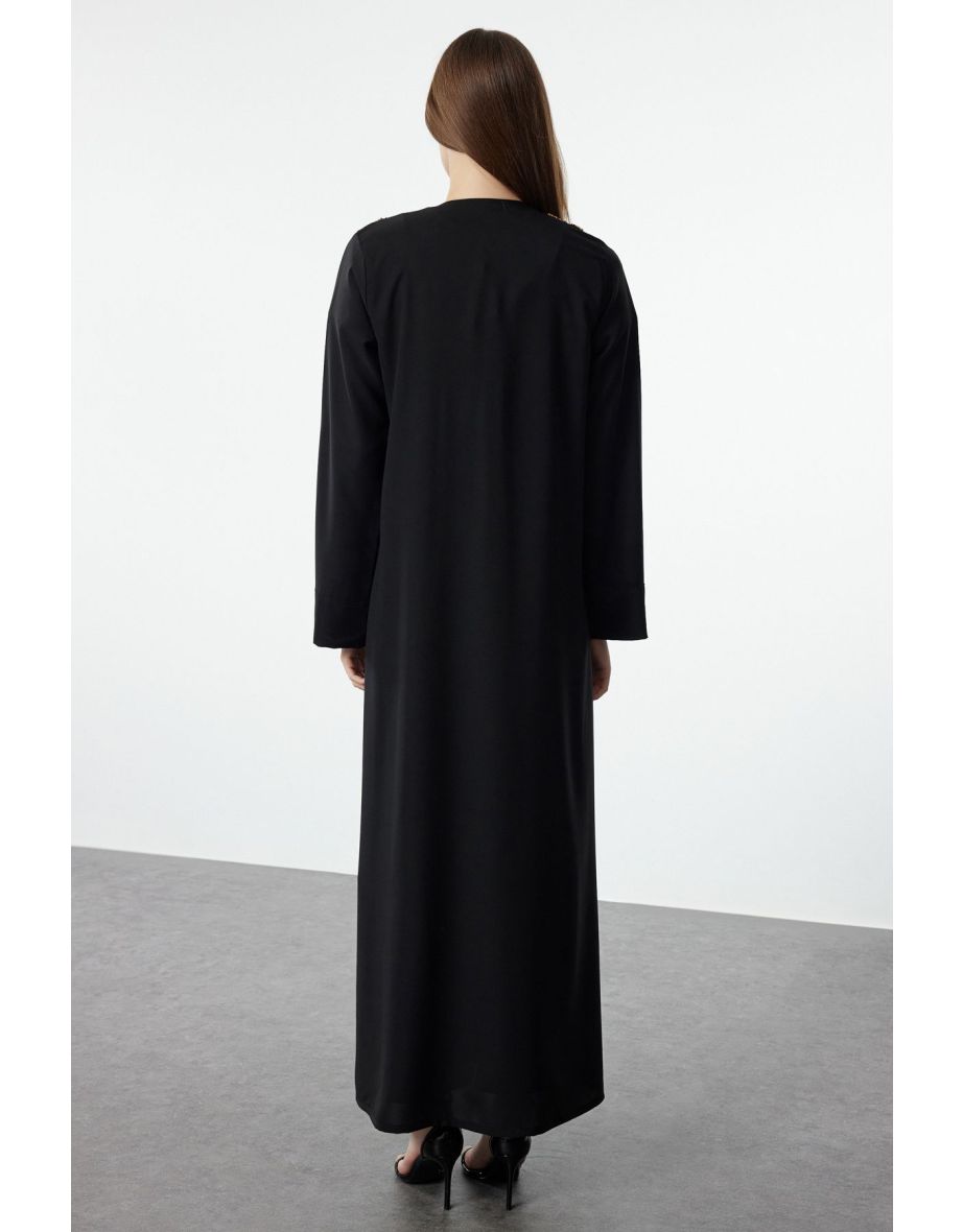 Black Stone Embroidered Woven Cap & Abaya - 4