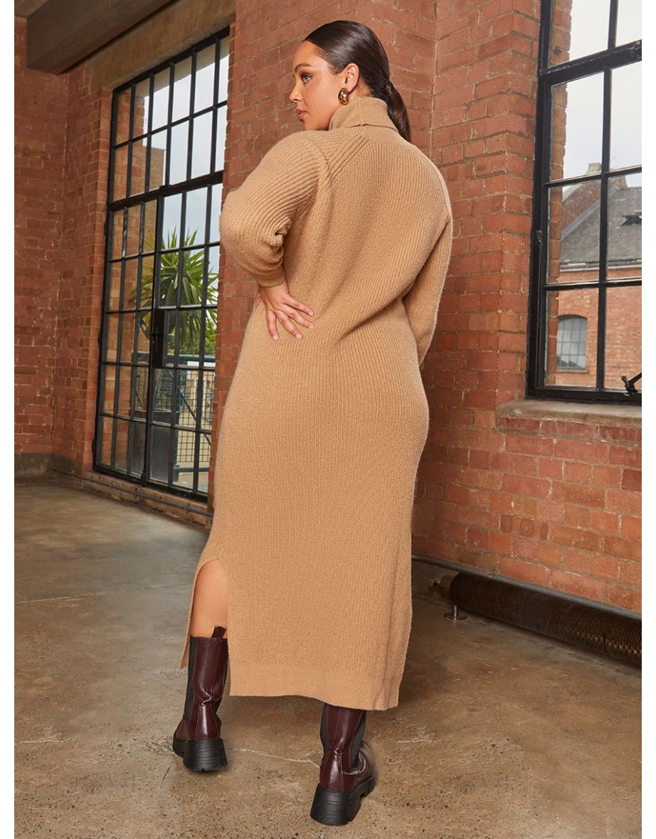 Roll Neck Oversized Jumper Dress in Camel - 3