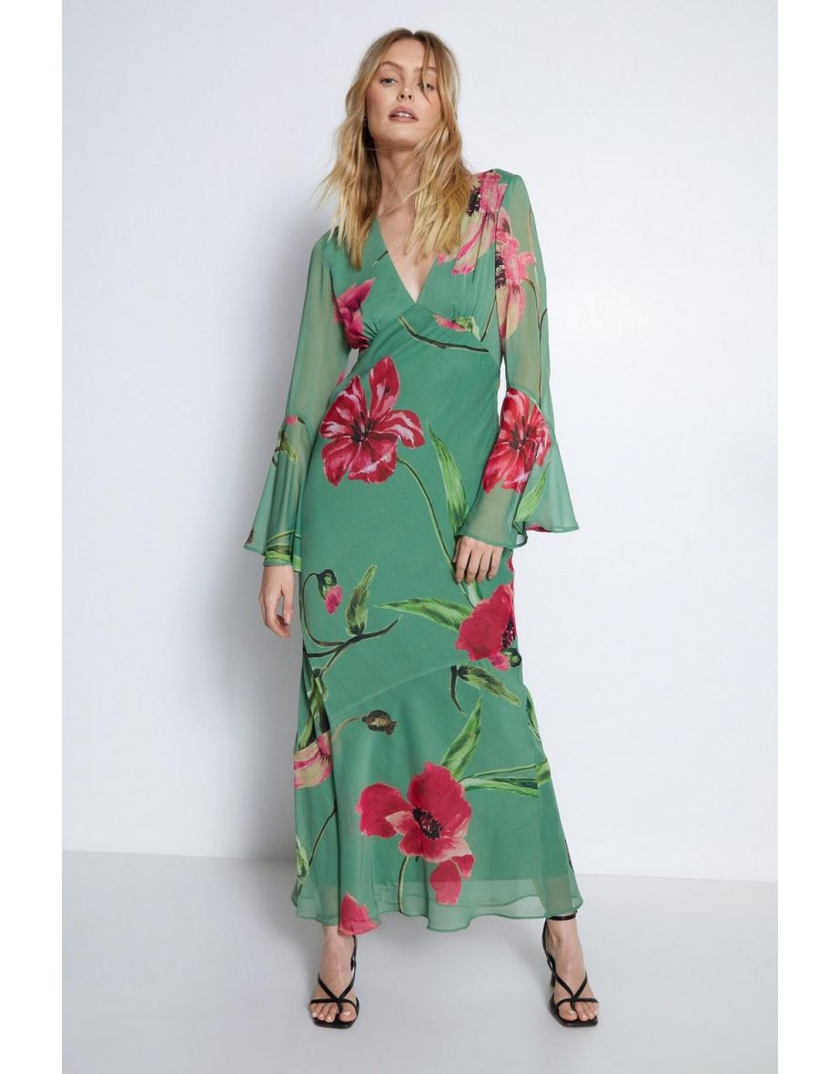 Floral Printed V Neck Fluted Sleeve Maxi Dress