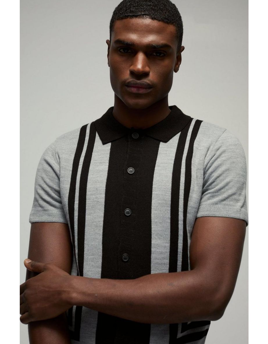 Regular Fit Border Stripes Colour Block Knitted Polo - black - 2