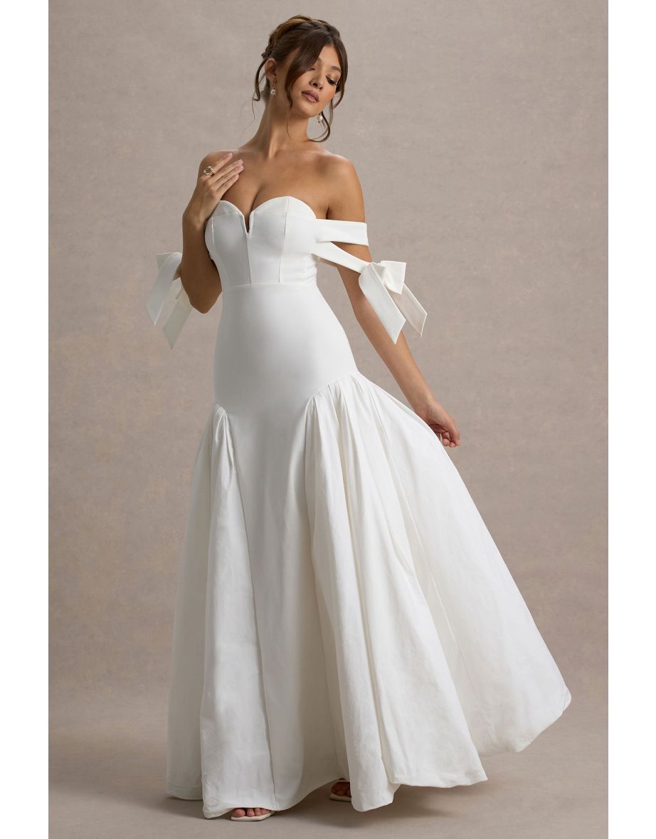 Ethel | White & Cream Bardot Maxi Dress With Volume Skirt