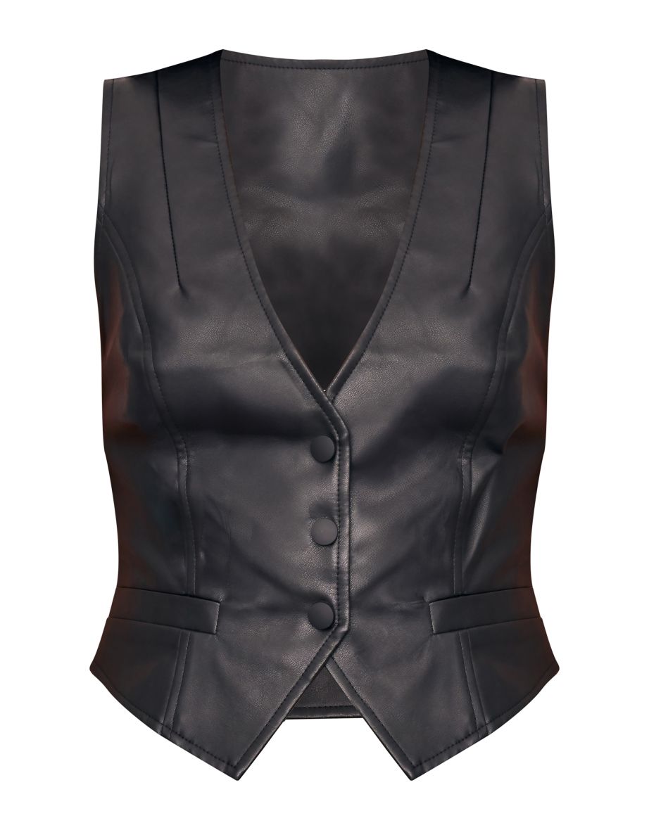Black Faux Leather Fitted Waistcoat - 4