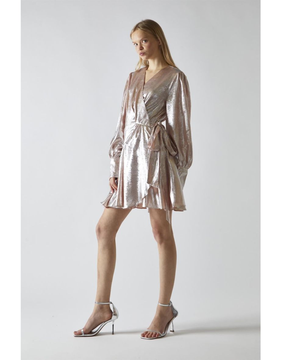 Peach-Metallic Wrap Mini-Dress - 3