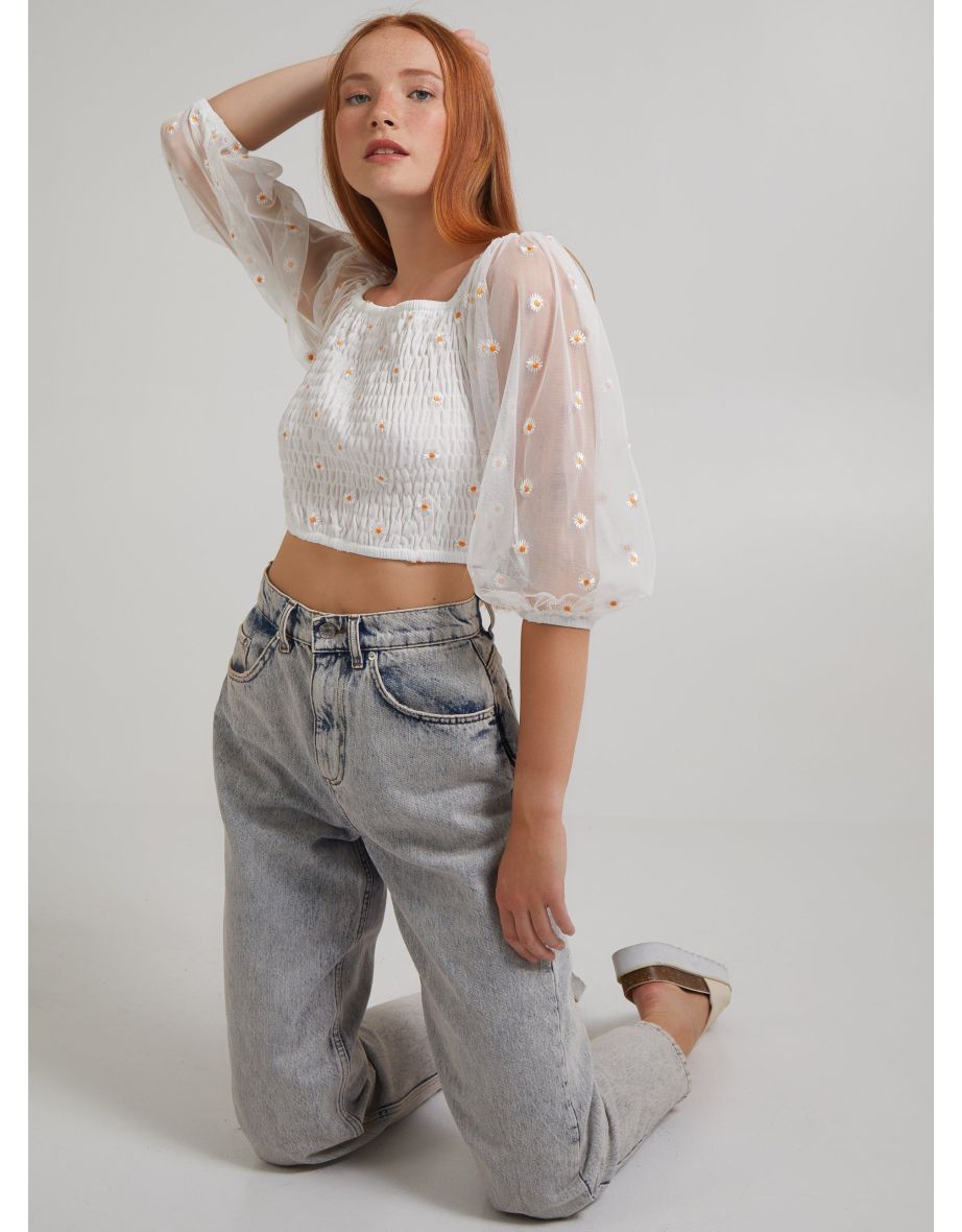 Daisy Embroidered Bardot Top