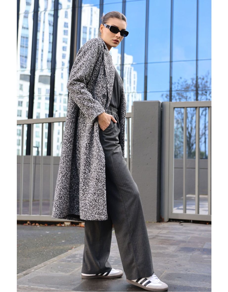 Oversize Long Boucle Coat - Black - 5