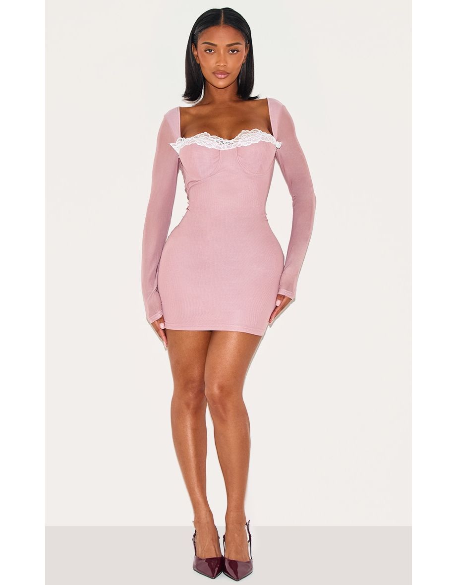 Shape Pink Mesh Underwired Lace Trim Long Sleeve Mini Dress