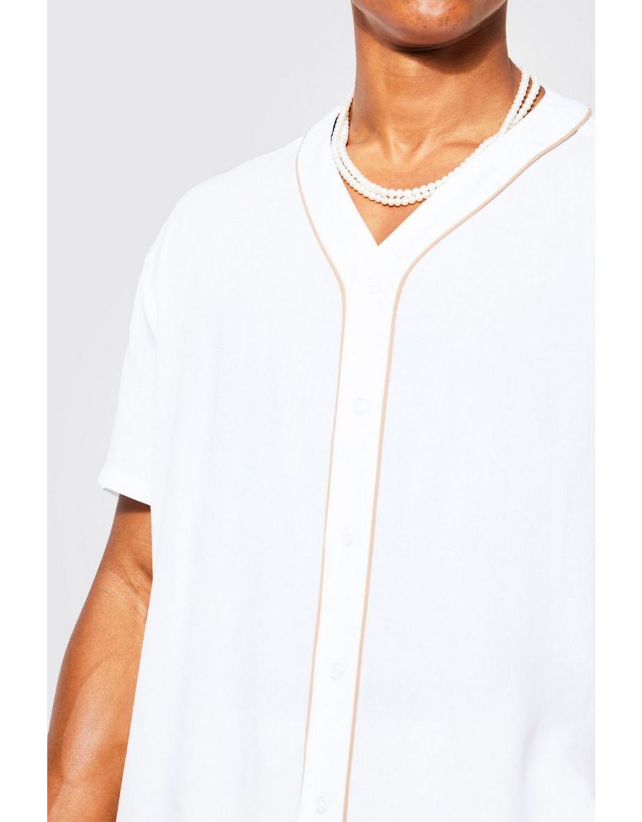 Oversized Collarless Baseball Piping Shirt - white - 2
