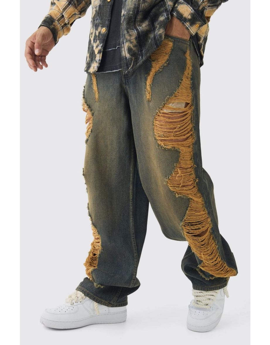Relaxed Fit Rigid Extreme Ripped Jeans - vintage blue