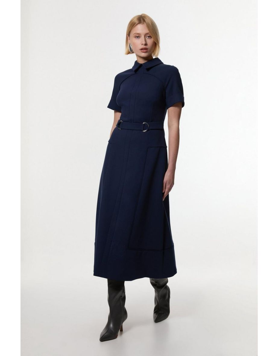 Compact Stretch Tipped Tab Detail Full Skirted Midi Dress