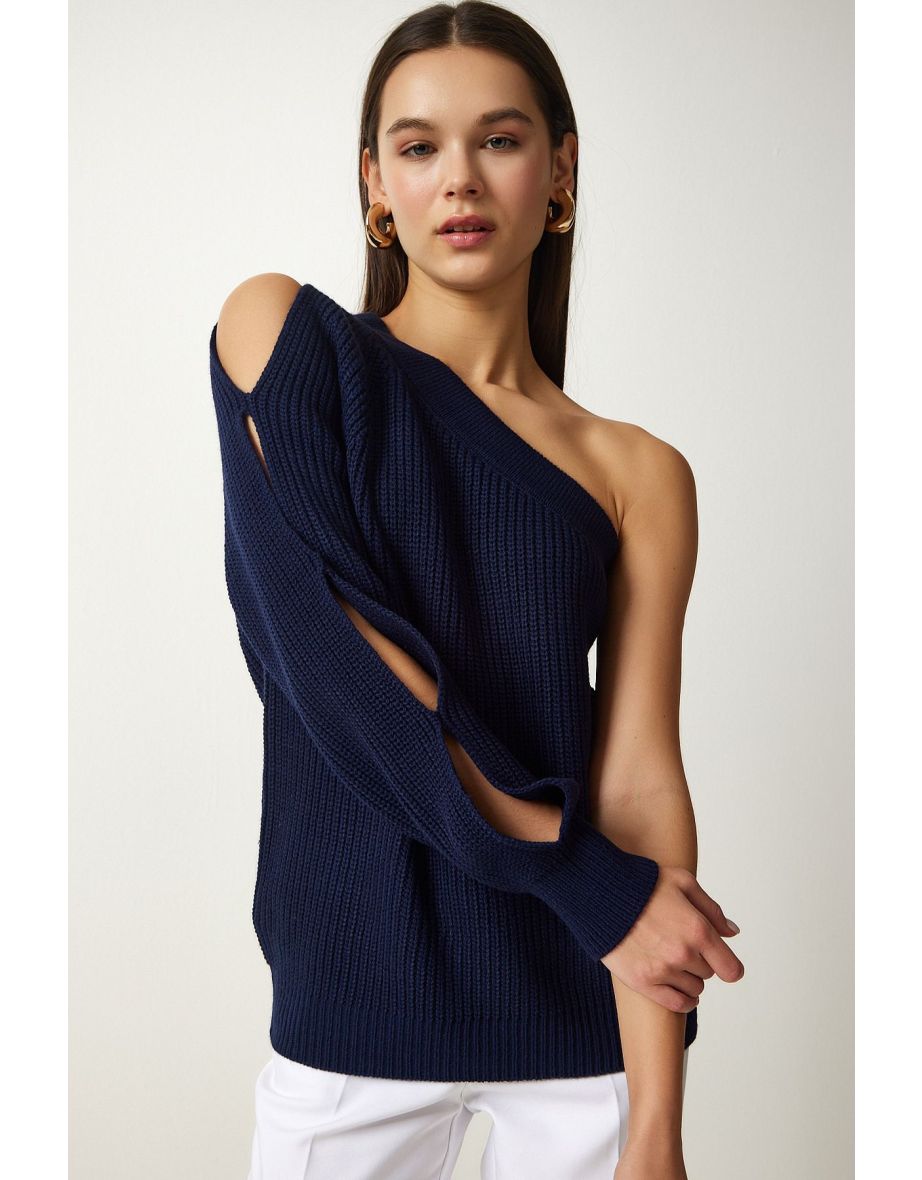 Women's Navy Blue Window Detailed Single Sleeve Knitwear Sweater
