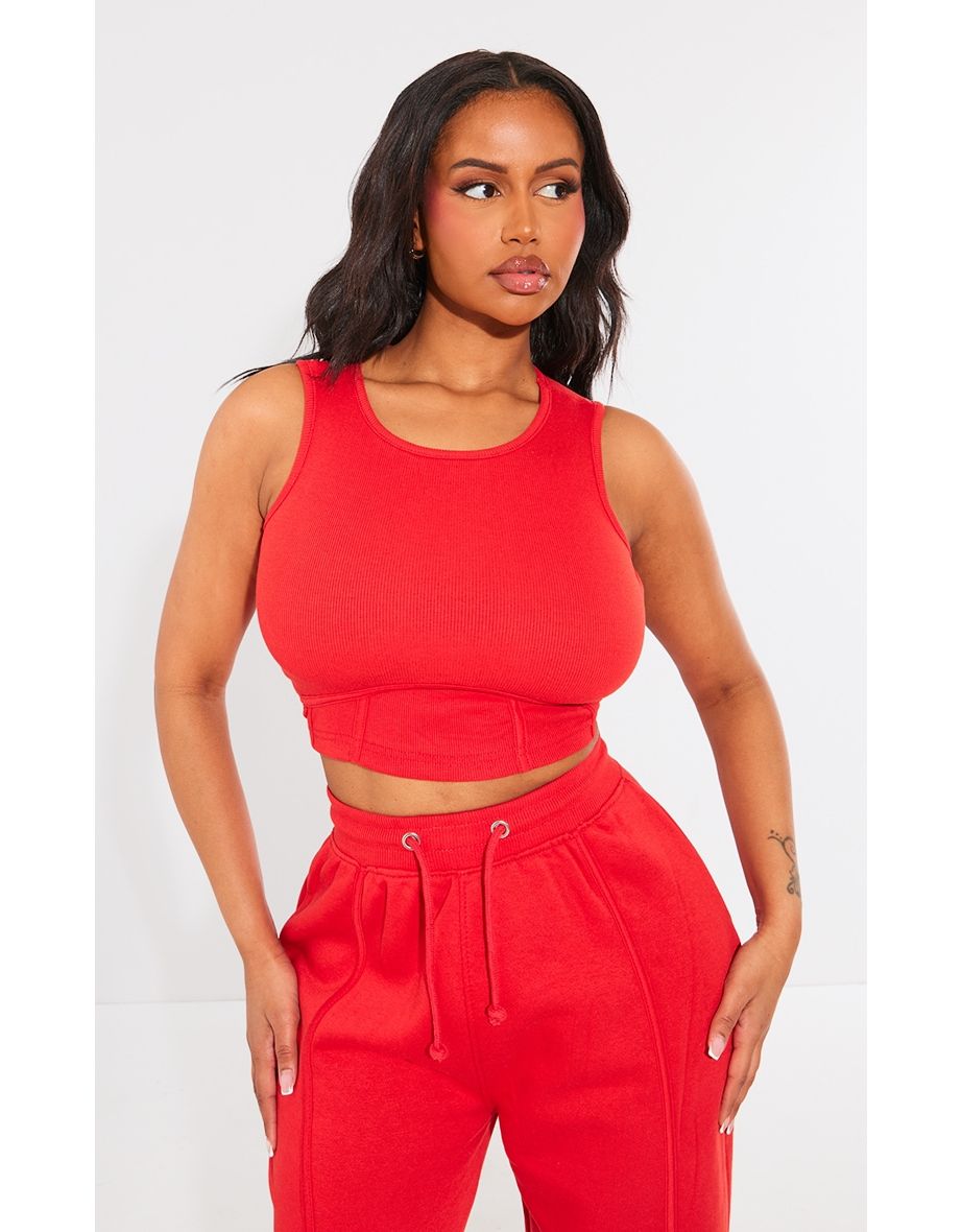 Shape Bright Red Thick Ribbed Under Bust Binded Crop Top