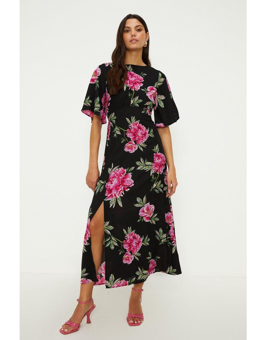 Angel Sleeve Gathered Waist Empire Seam Midi Dress