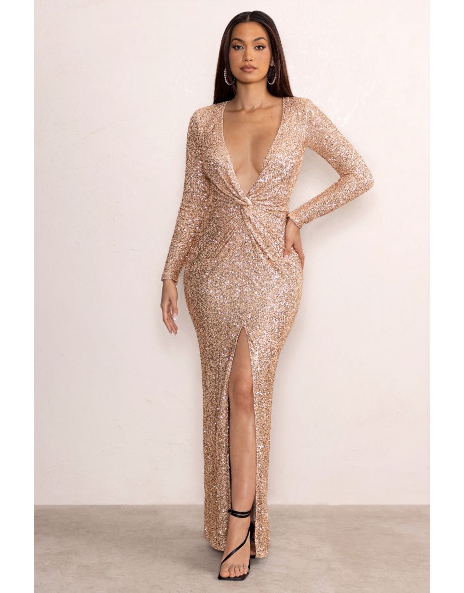 Shop Roma Gold Sequin Long Sleeve Plunge Maxi Dress with Knot Waist Detail Online in Kuwait VogaCloset