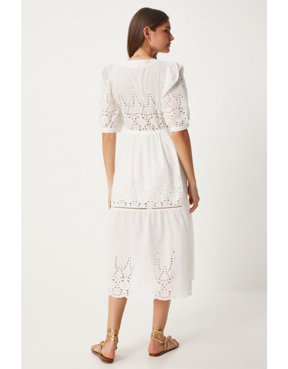 Women's White V Neck Pleated Scallop Summer Dress - 5