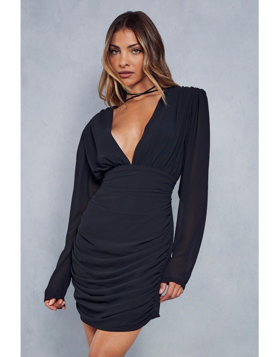 Chiffon Plunge Ruched Choker Neck Bodycon Mini Dress - 3
