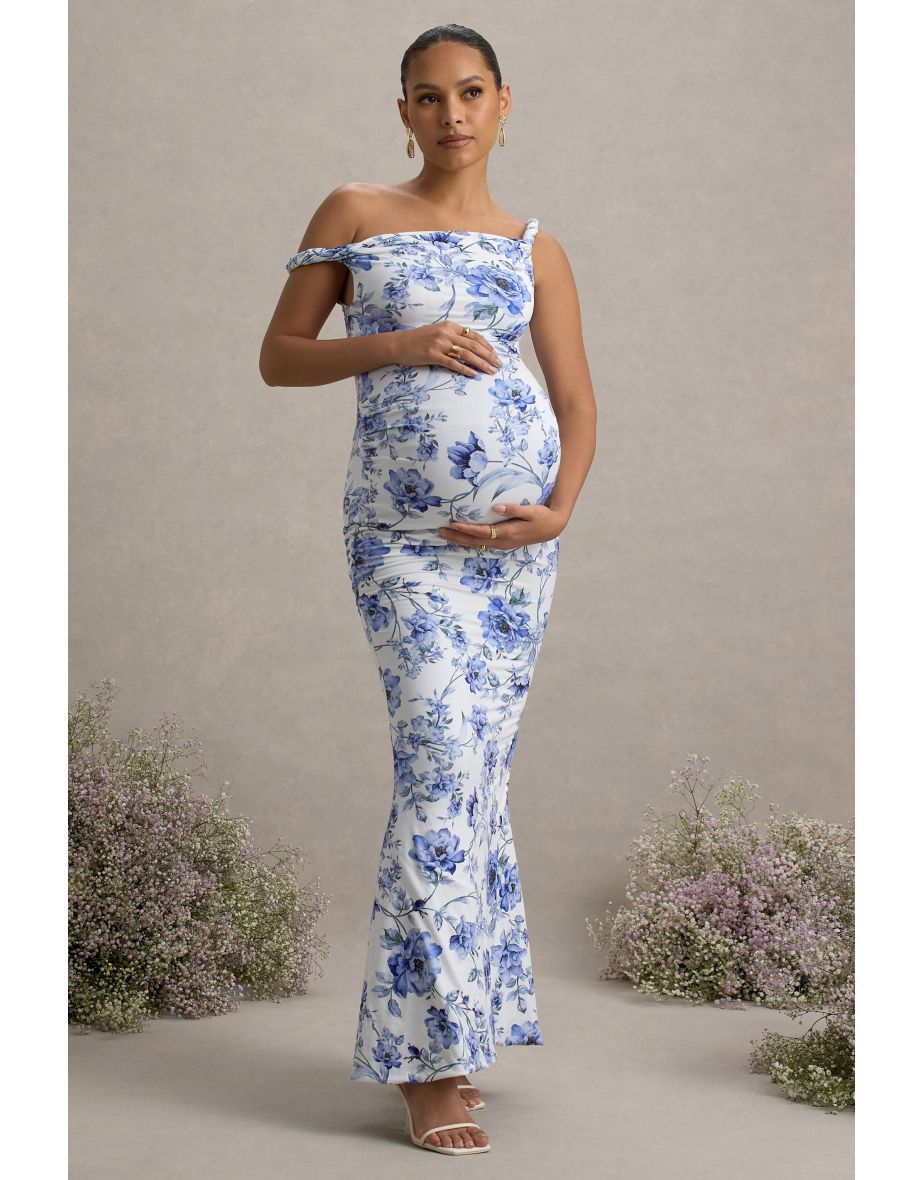 Lita | Blue Floral Print Twisted Asymmetric Maternity Maxi Dress