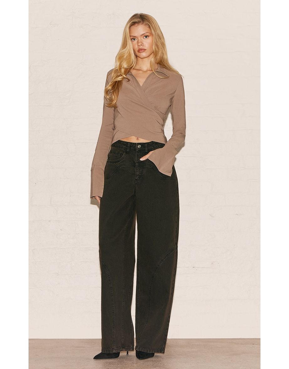 Mushroom Bengaline Wrap Detail Fitted Shirt