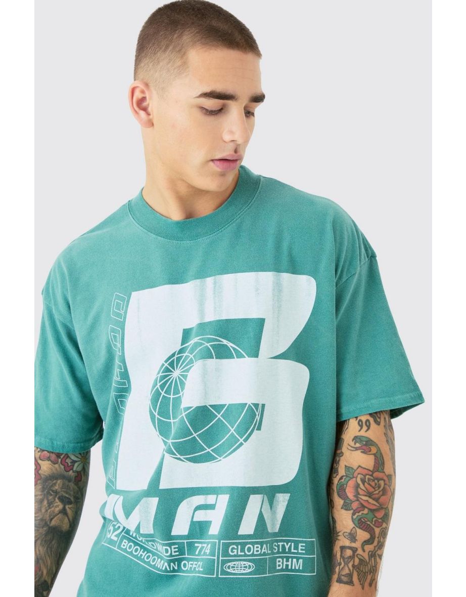 Oversized Washed Geometric B Print T-shirt - forest - 2