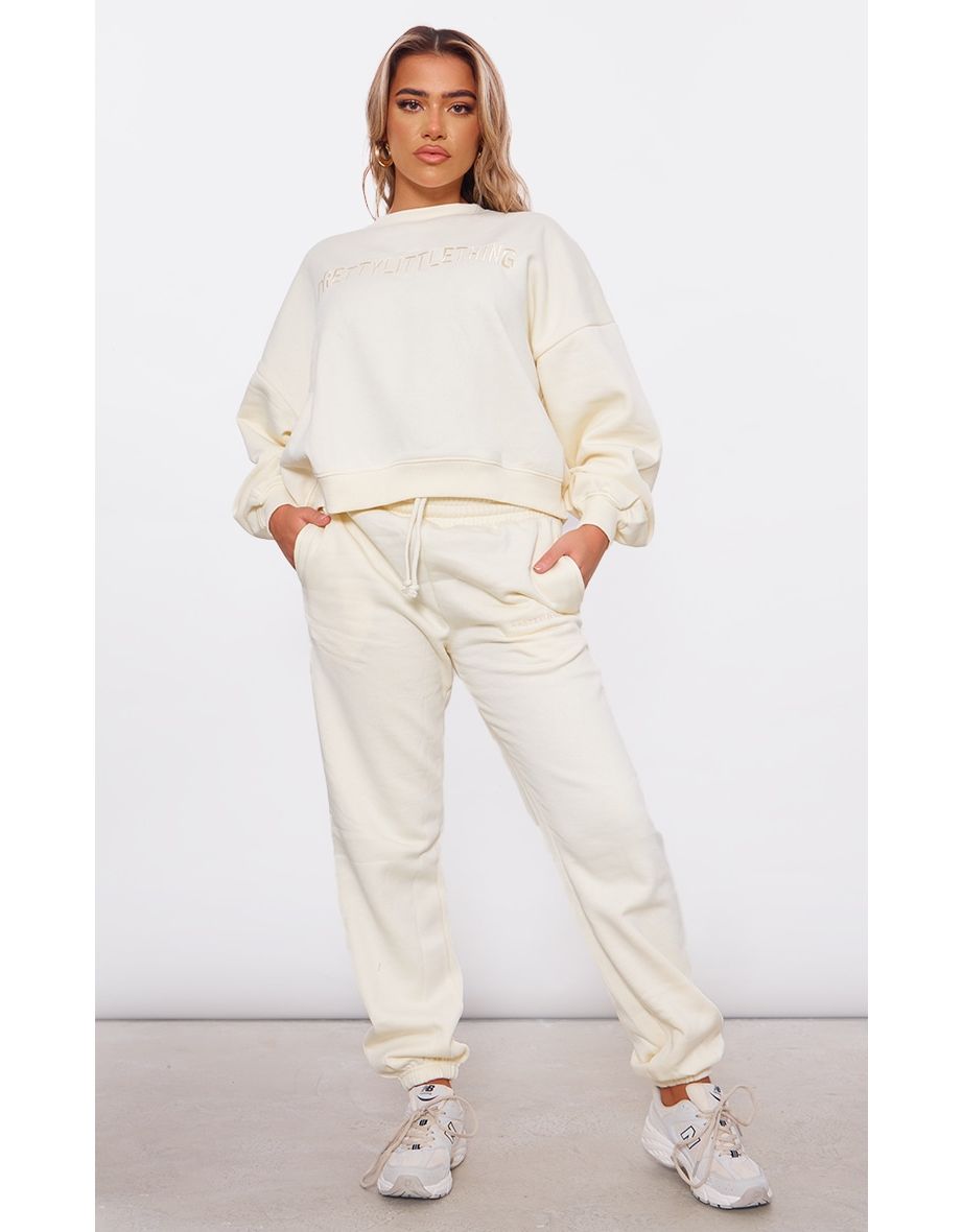 PRETTYLITTLETHING Cream Embroidered Oversized Cuffed Joggers