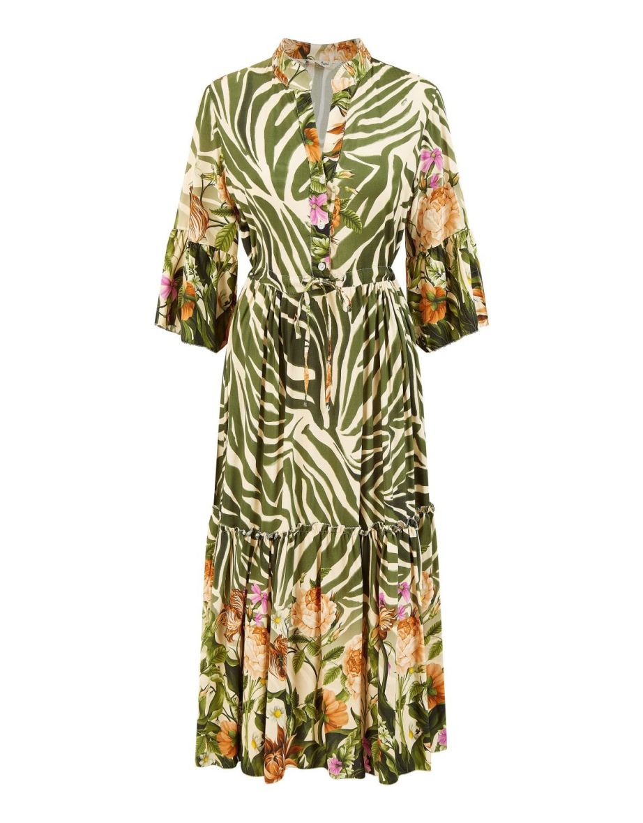 Yumi Green Viscose Zebra And Floral Print Midaxi Dress - 5