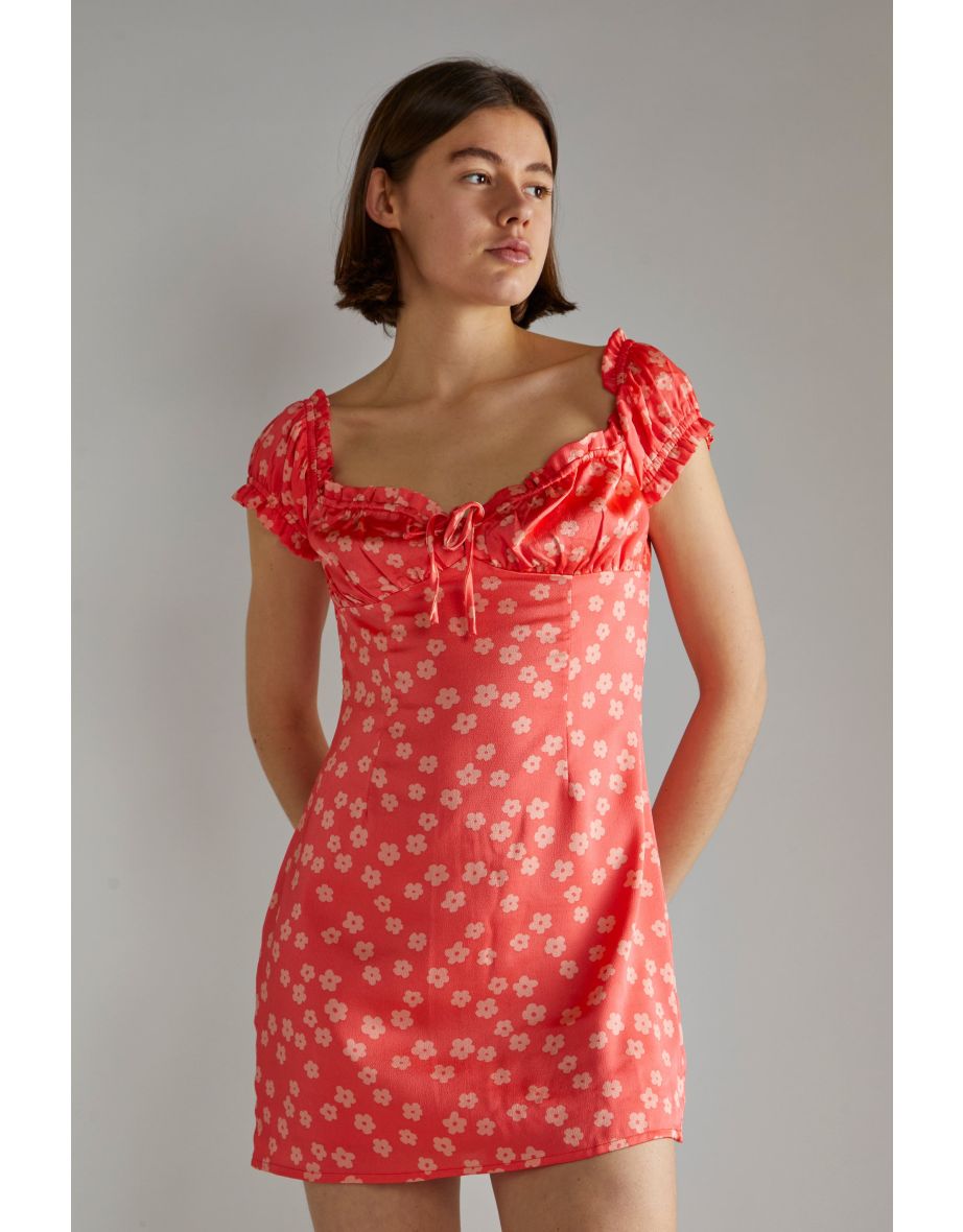 Coral-Pink Daisy Milkmaid Mini-Dress
