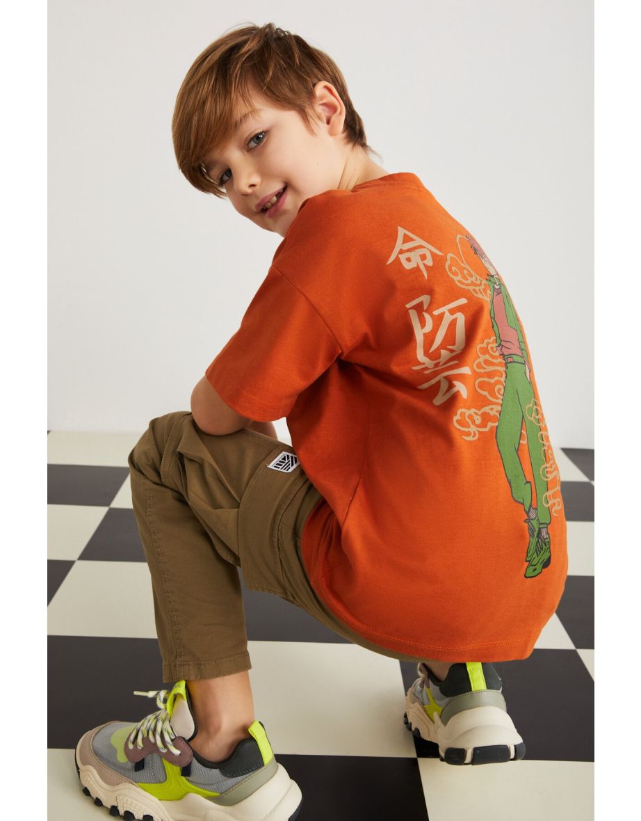 Printed Short Sleeve Boy T-shirt Brick Color T-shirt