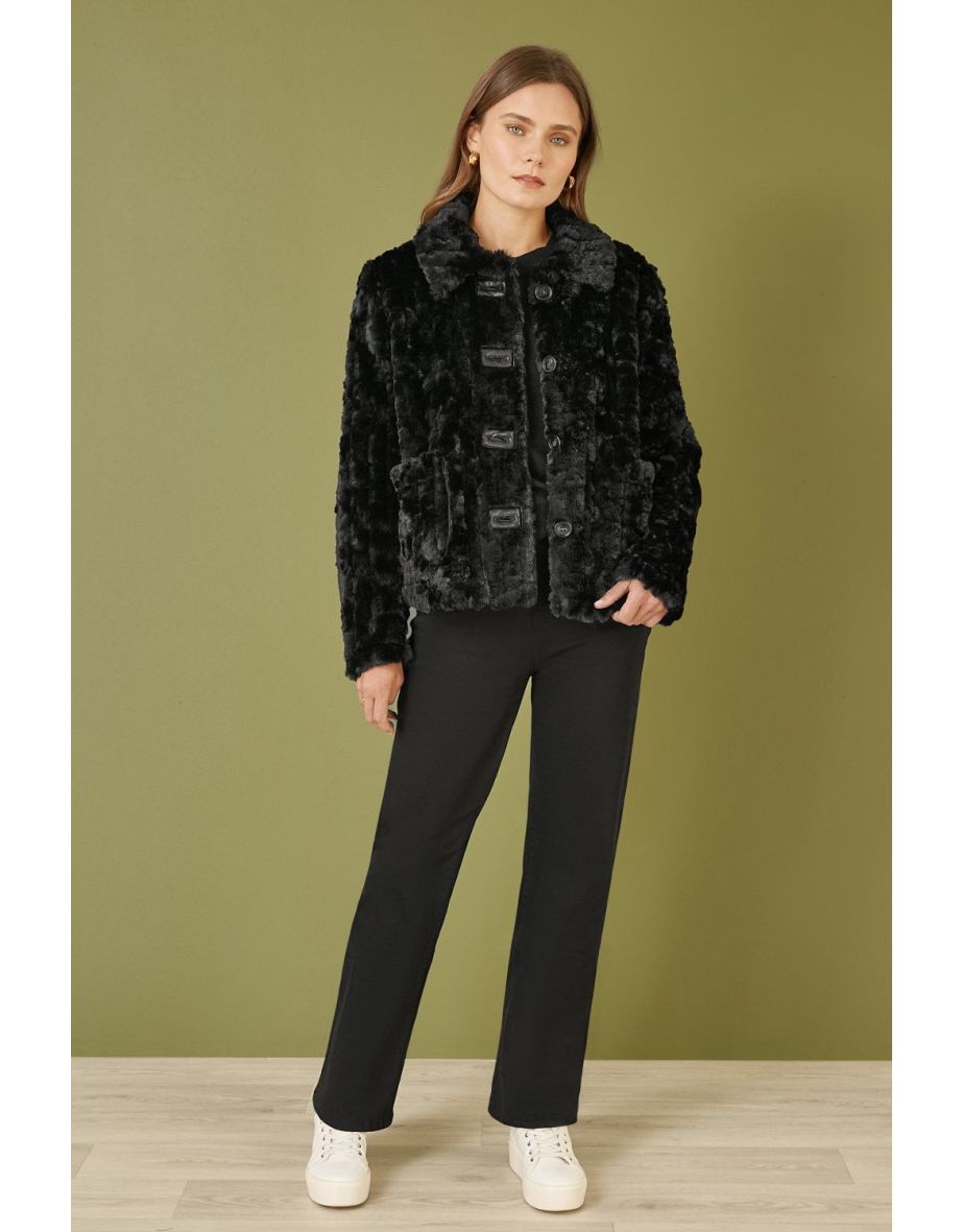 Yumi Black Luxe Textured Faux Fur Jacket With Pockets