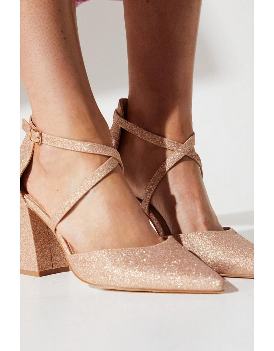 Wide Fit Treat Glittter Cross Strap Pointed Block Heel Court Shoes - 3