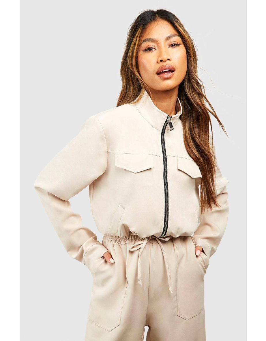 Woven Pocket Detail Relaxed Fit Bomber Jacket - stone