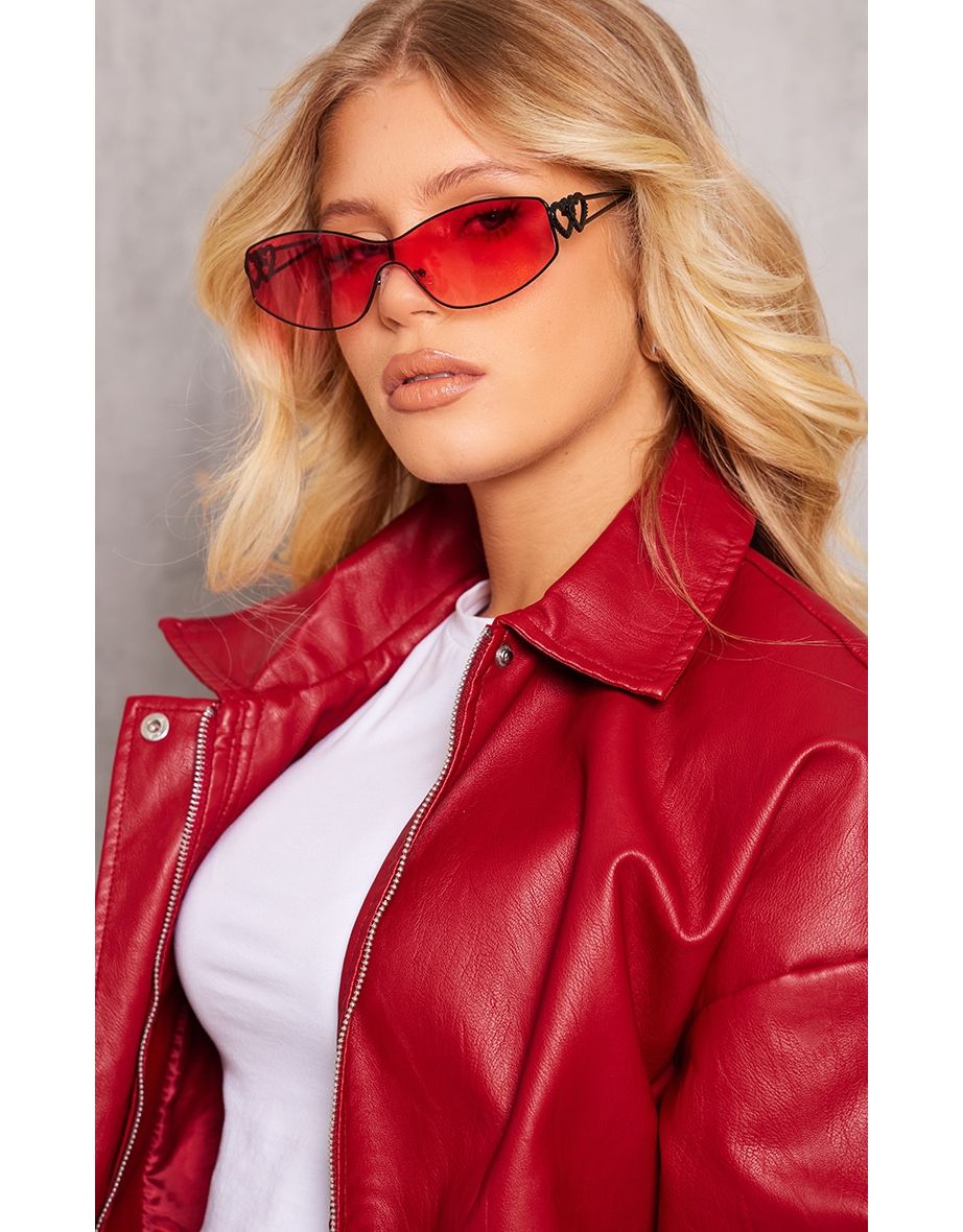 Black Diamante Heart Red Lens Visor Sunglasses