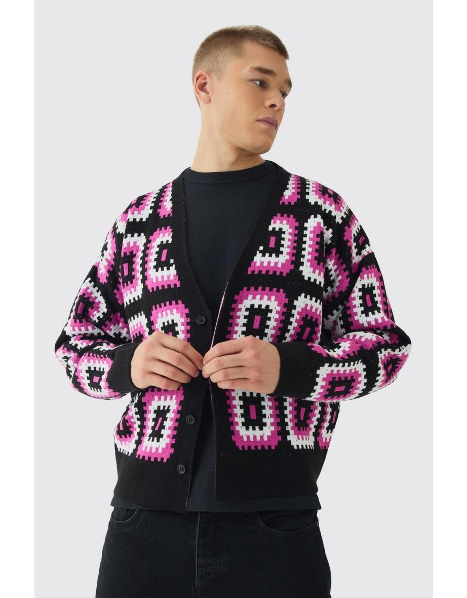 Oversized Boxy Crochet Cardigan - pink
