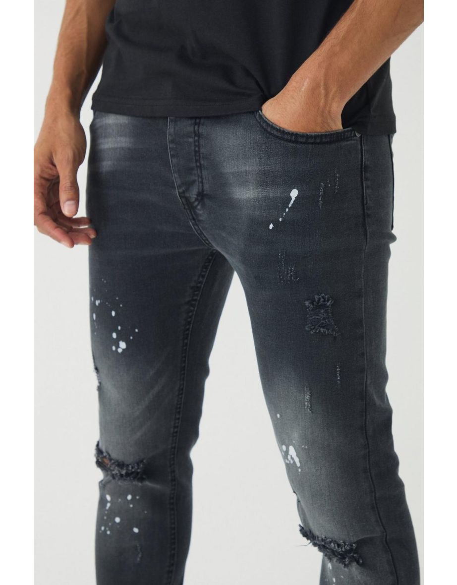 Skinny Stretch Ripped Paint Splatter Jeans - washed black - 2