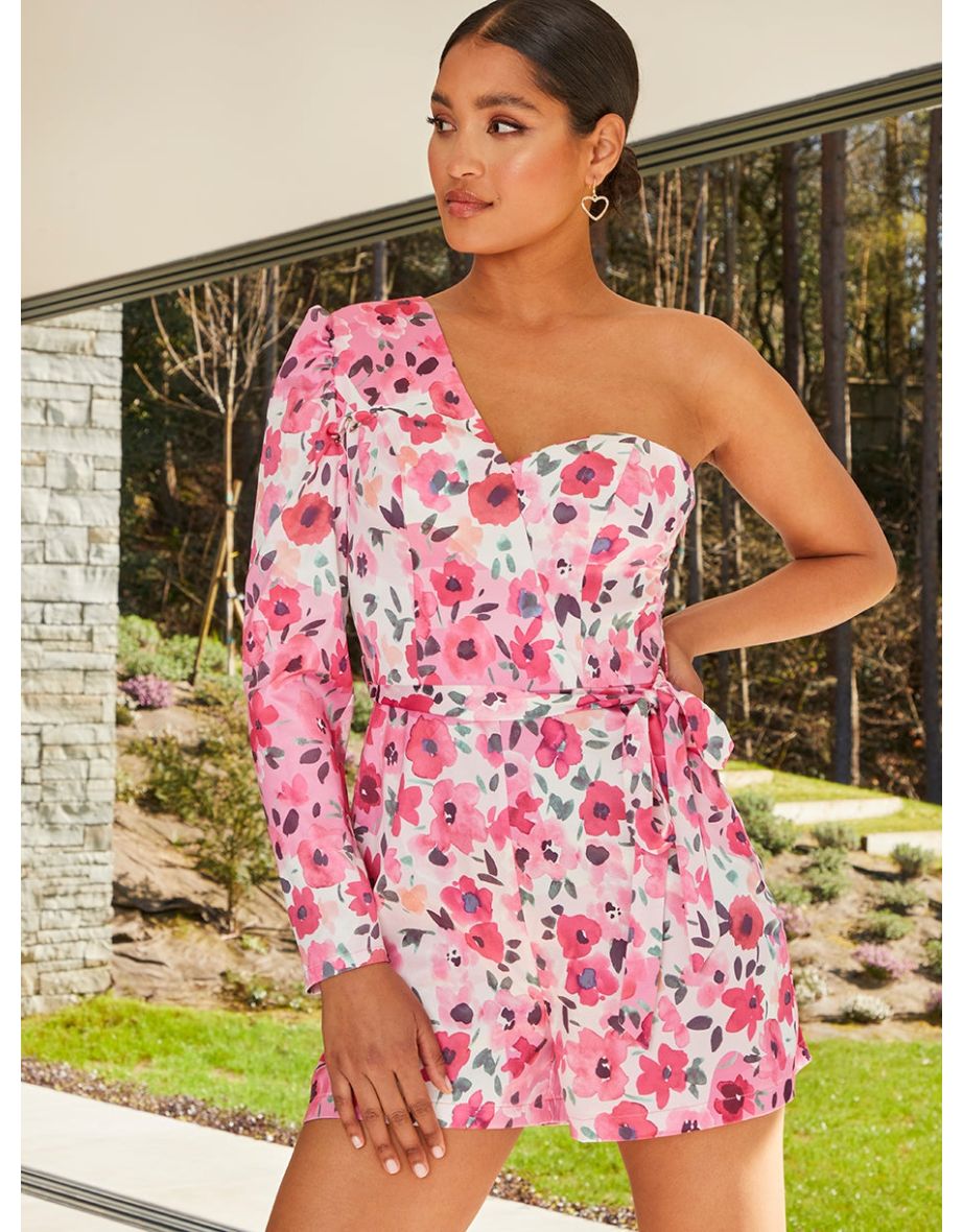 Shop One Shoulder Long Sleeve Floral Playsuit in Pink Online in Oman VogaCloset