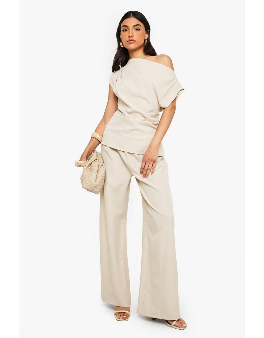 Woven Elasticed Waist Straight Leg Trouser - stone