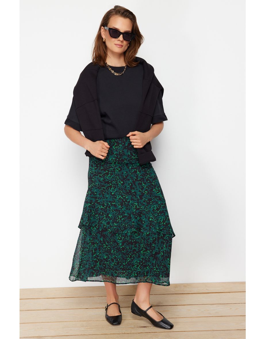 Green Animal Patterned Woven Skirt With Lining